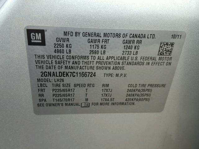 2GNALDEK7C1166724 - 2012 CHEVROLET EQUINOX LT SILVER photo 10