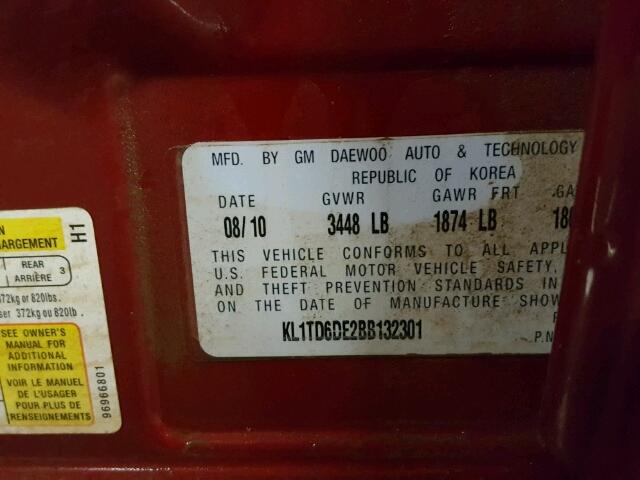 KL1TD6DE2BB132301 - 2011 CHEVROLET AVEO LS RED photo 10