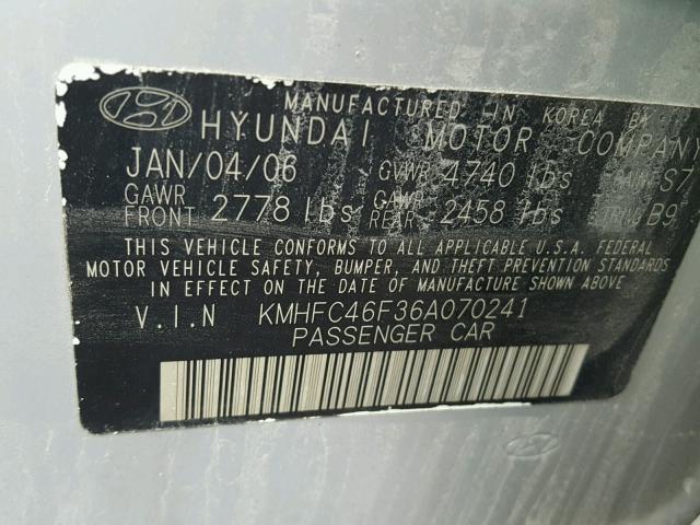 KMHFC46F36A070241 - 2006 HYUNDAI AZERA SE SILVER photo 10