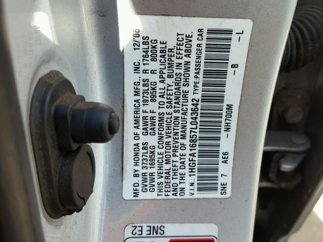 1HGFA16857L043642 - 2007 HONDA CIVIC EX SILVER photo 10