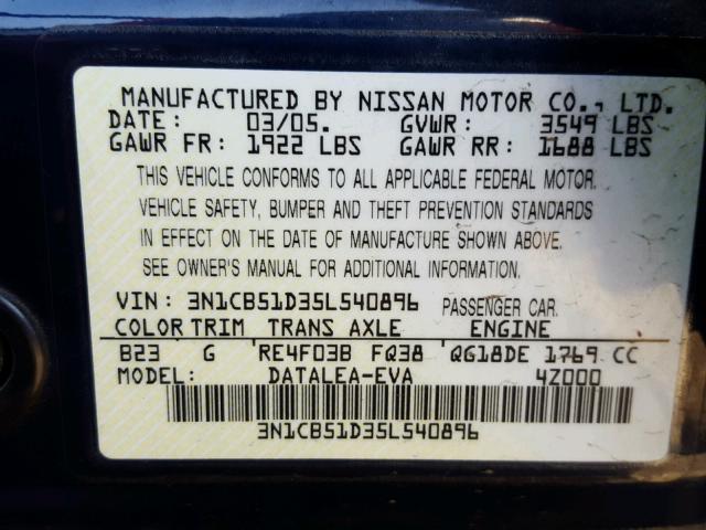 3N1CB51D35L540896 - 2005 NISSAN SENTRA 1.8 BLUE photo 10