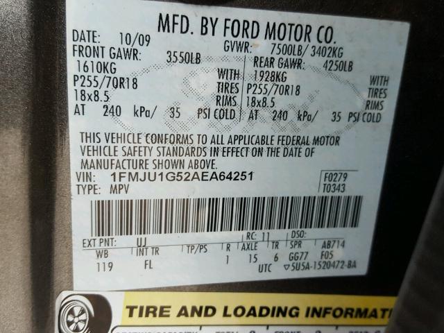 1FMJU1G52AEA64251 - 2010 FORD EXPEDITION GRAY photo 10