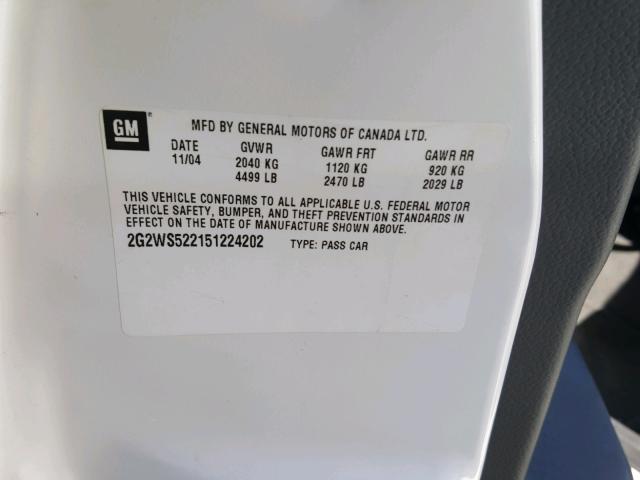 2G2WS522151224202 - 2005 PONTIAC GRAND PRIX WHITE photo 10