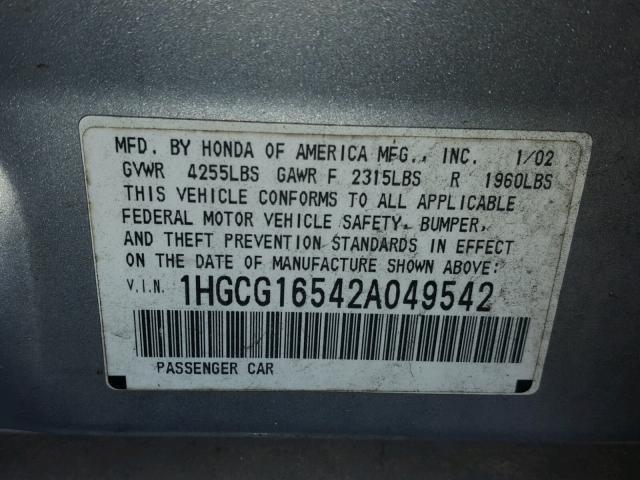 1HGCG16542A049542 - 2002 HONDA ACCORD EX SILVER photo 10