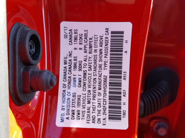 2HGFC2F70HH520662 - 2017 HONDA CIVIC EX RED photo 10