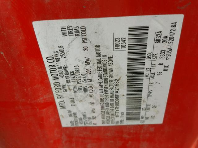 1FTYR10D98PA21532 - 2008 FORD RANGER RED photo 10