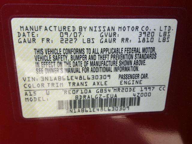 3N1AB61E48L630309 - 2008 NISSAN SENTRA 2.0 RED photo 10