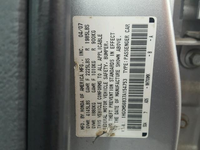 1HGCM56837A154753 - 2007 HONDA ACCORD EX SILVER photo 10