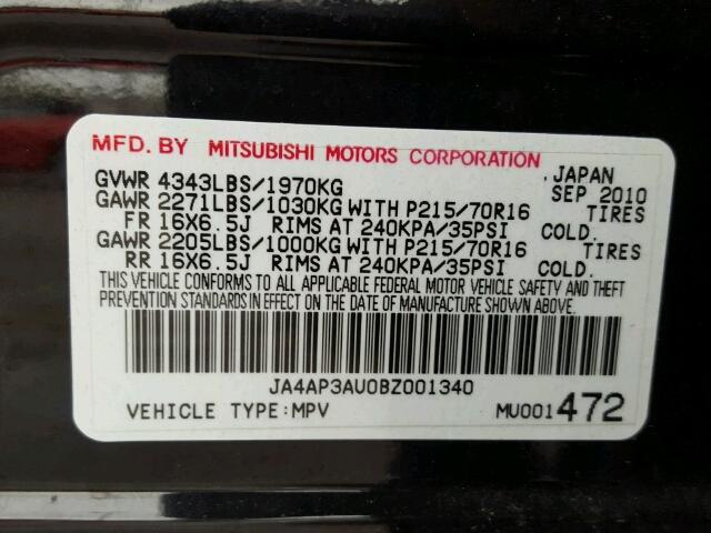 JA4AP3AU0BZ001340 - 2011 MITSUBISHI OUTLANDER BLACK photo 10