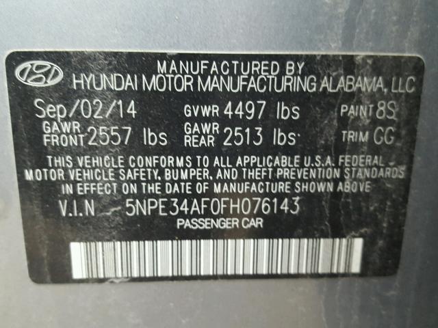 5NPE34AF0FH076143 - 2015 HYUNDAI SONATA SPO GRAY photo 10