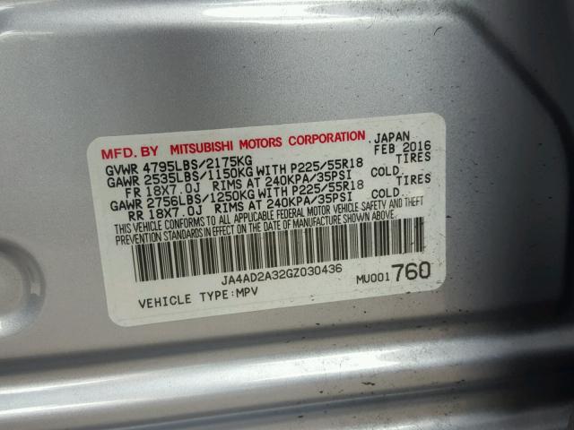 JA4AD2A32GZ030436 - 2016 MITSUBISHI OUTLANDER SILVER photo 10