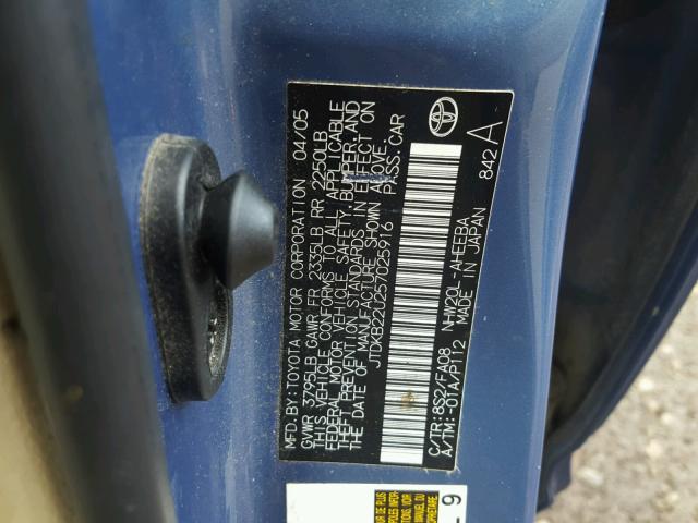 JTDKB22U257025916 - 2005 TOYOTA PRIUS BLUE photo 10