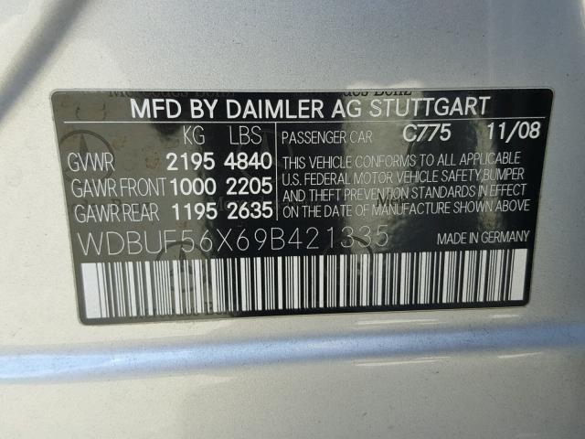 WDBUF56X69B421335 - 2009 MERCEDES-BENZ E 350 SILVER photo 10