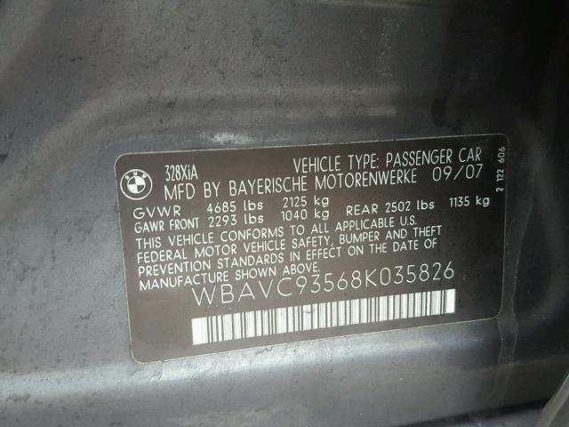 WBAVC93568K035826 - 2008 BMW 328 XI GRAY photo 10