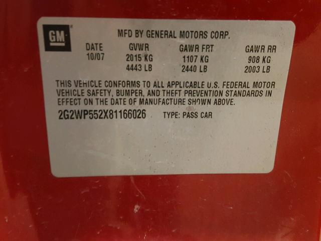 2G2WP552X81166026 - 2008 PONTIAC GRAND PRIX Qırmızı foto 10