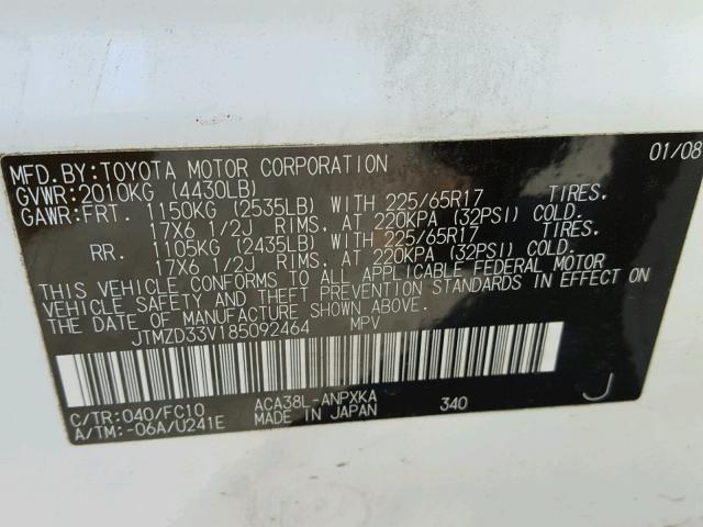 JTMZD33V185092464 - 2008 TOYOTA RAV4 WHITE photo 10