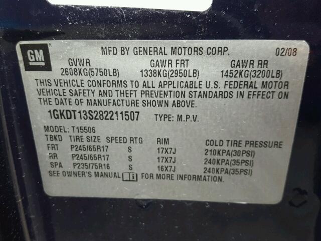 1GKDT13S282211507 - 2008 GMC ENVOY BLUE photo 10