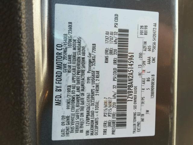 1ZVBP8AN2A5145961 - 2010 FORD MUSTANG GRAY photo 10