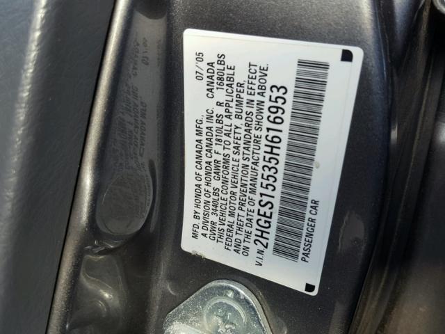 2HGES15535H616953 - 2005 HONDA CIVIC LX GRAY photo 10