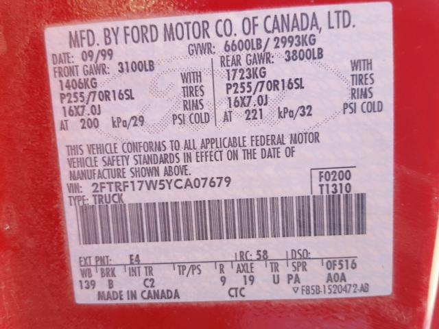 2FTRF17W5YCA07679 - 2000 FORD F150 RED photo 10