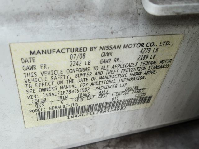 1N4AL21E78N554982 - 2008 NISSAN ALTIMA 2.5 WHITE photo 10