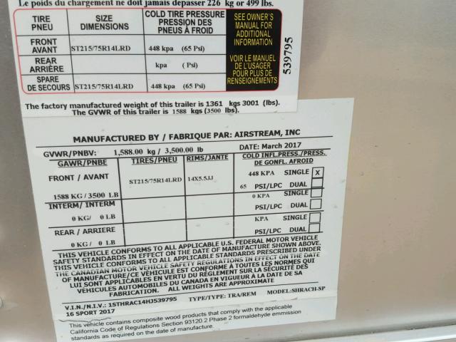 1STHRAC14HJ539795 - 2017 AIRS TRAVELTRAI Gümüş foto 10