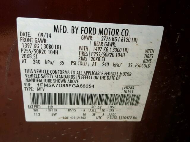 1FM5K7D85FGA86054 - 2015 FORD EXPLORER X MAROON photo 10