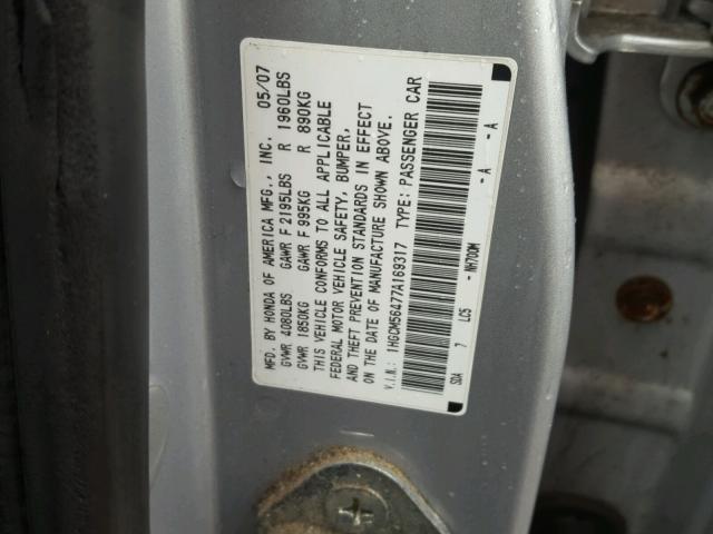 1HGCM56477A169317 - 2007 HONDA ACCORD LX SILVER photo 10