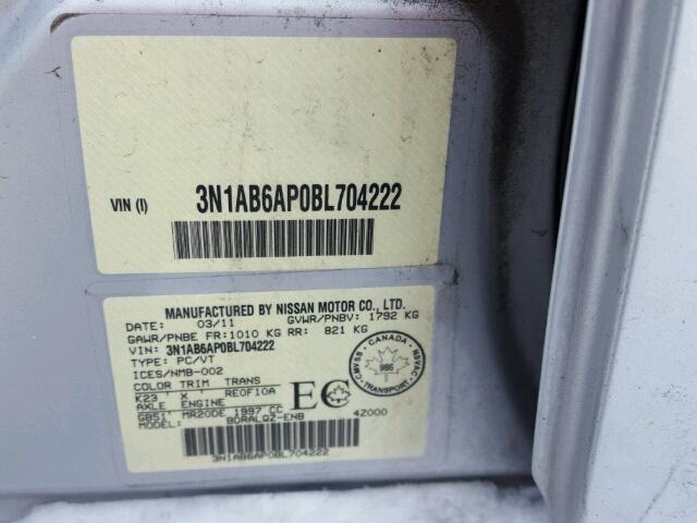 3N1AB6AP0BL704222 - 2011 NISSAN SENTRA 2.0 SILVER photo 10