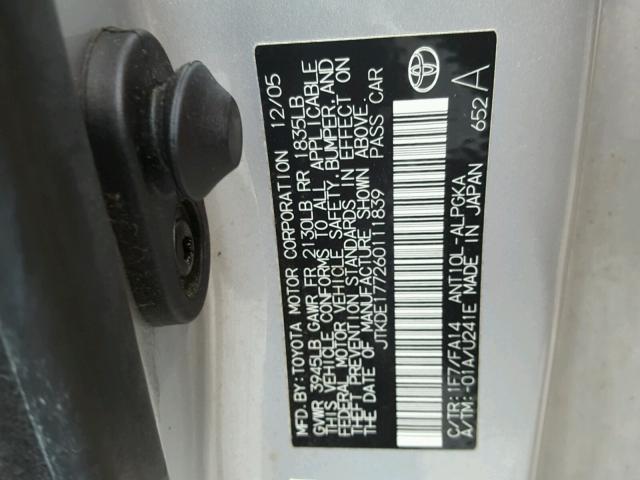 JTKDE177260111839 - 2006 TOYOTA SCION TC 银色 照片 10