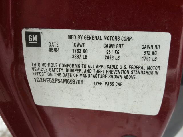 1G2NE52F54M693706 - 2004 PONTIAC GRAND AM S Bordo foto 10