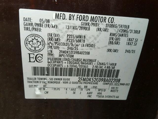 2FMDK52C09BA02208 - 2009 FORD FLEX SEL Կարմիր լուսանկար 10