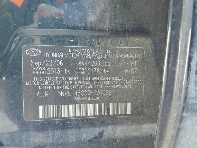 5NPET46C27H231369 - 2007 HYUNDAI SONATA GLS BLACK photo 10