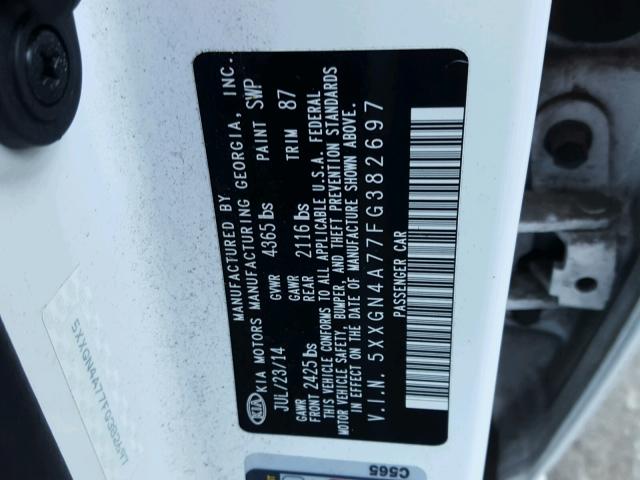 5XXGN4A77FG382697 - 2015 KIA OPTIMA EX WHITE photo 10