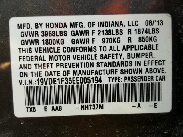 19VDE1F35EE005194 - 2014 ACURA ILX 20 GRAY photo 10