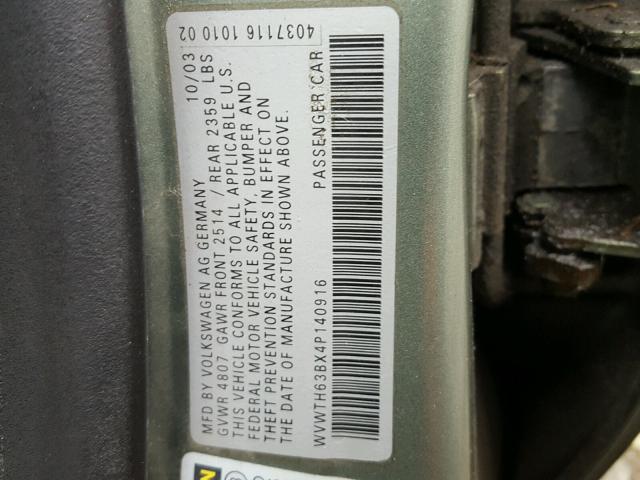 WVWTH63BX4P140916 - 2004 VOLKSWAGEN PASSAT GLX GREEN photo 10