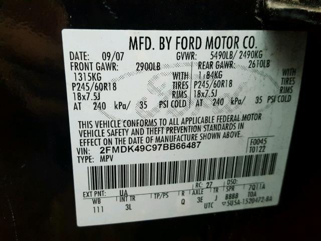 2FMDK49C97BB66487 - 2007 FORD EDGE SEL P BLACK photo 10