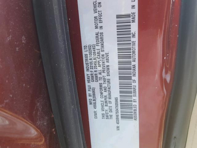 4S3BH675047635965 - 2004 SUBARU LEGACY OUT RED photo 10