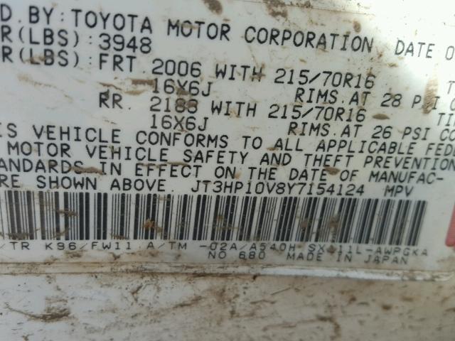 JT3HP10V8Y7154124 - 2000 TOYOTA RAV4 WHITE photo 10