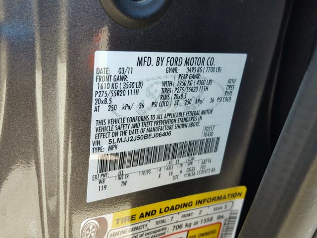 5LMJJ2J50BEJ06406 - 2011 LINCOLN NAVIGATOR ნაცრისფერი ფოტო 10