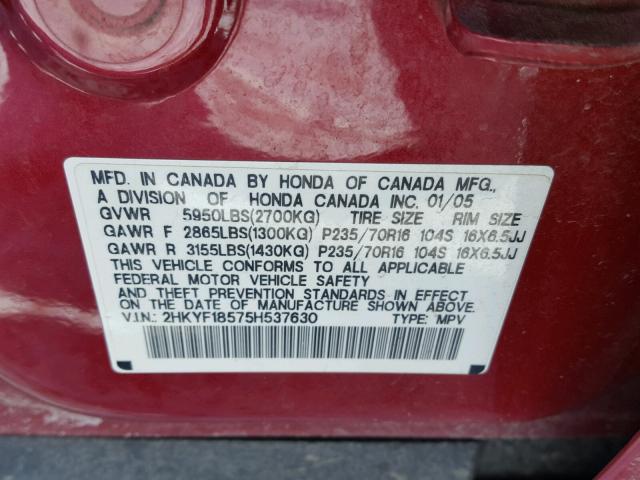 2HKYF18575H537630 - 2005 HONDA PILOT EXL RED photo 10