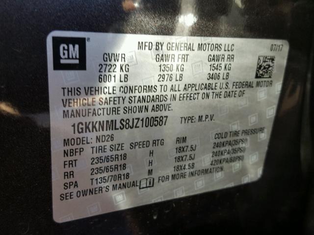 1GKKNMLS8JZ100587 - 2018 GMC ACADIA SLT ნაცრისფერი ფოტო 10