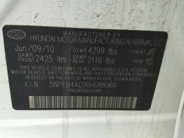 5NPEB4AC0BH088960 - 2011 HYUNDAI SONATA GLS WHITE photo 10