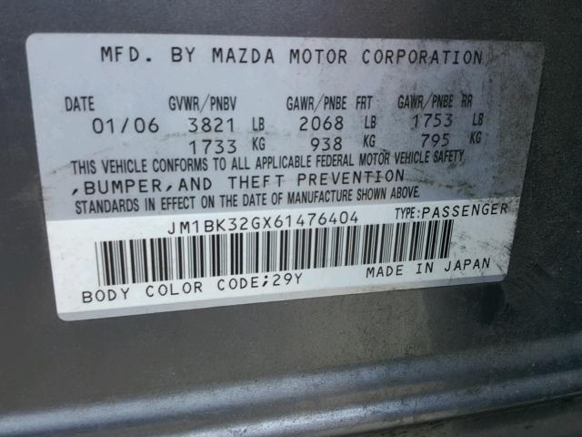 JM1BK32GX61476404 - 2006 MAZDA 3 I SILVER photo 10