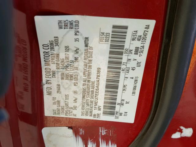 1FMEU7EE6AUA78389 - 2010 FORD EXPLORER E RED photo 10