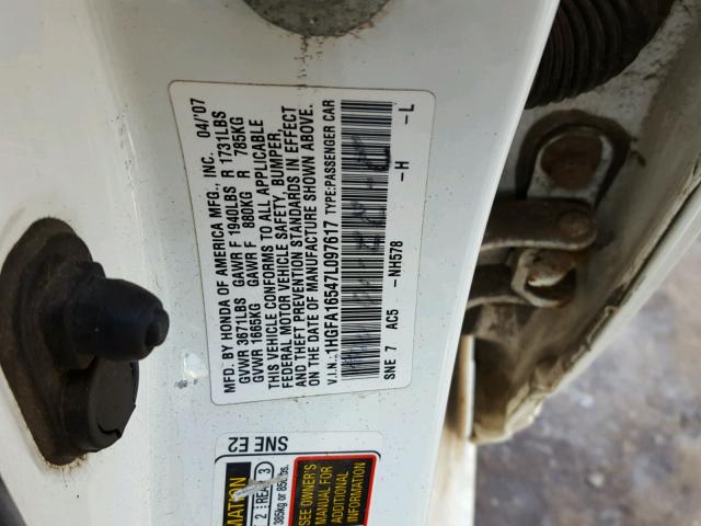 1HGFA16547L097617 - 2007 HONDA CIVIC LX WHITE photo 10