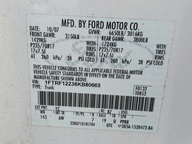 1FTRF12238KB80665 - 2008 FORD F150 WHITE photo 10