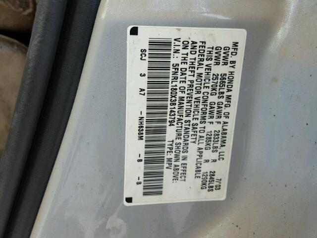 5FNRL180X3B143794 - 2003 HONDA ODYSSEY EX SILVER photo 10