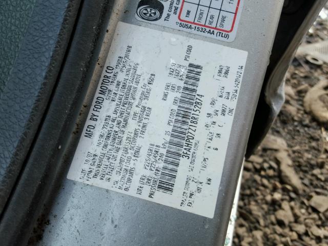 3FAHP07Z18R152874 - 2008 FORD FUSION SE GRAY photo 10