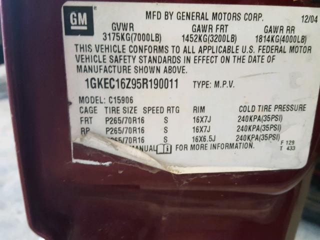 1GKEC16Z95R190011 - 2005 GMC YUKON XL C MAROON photo 10